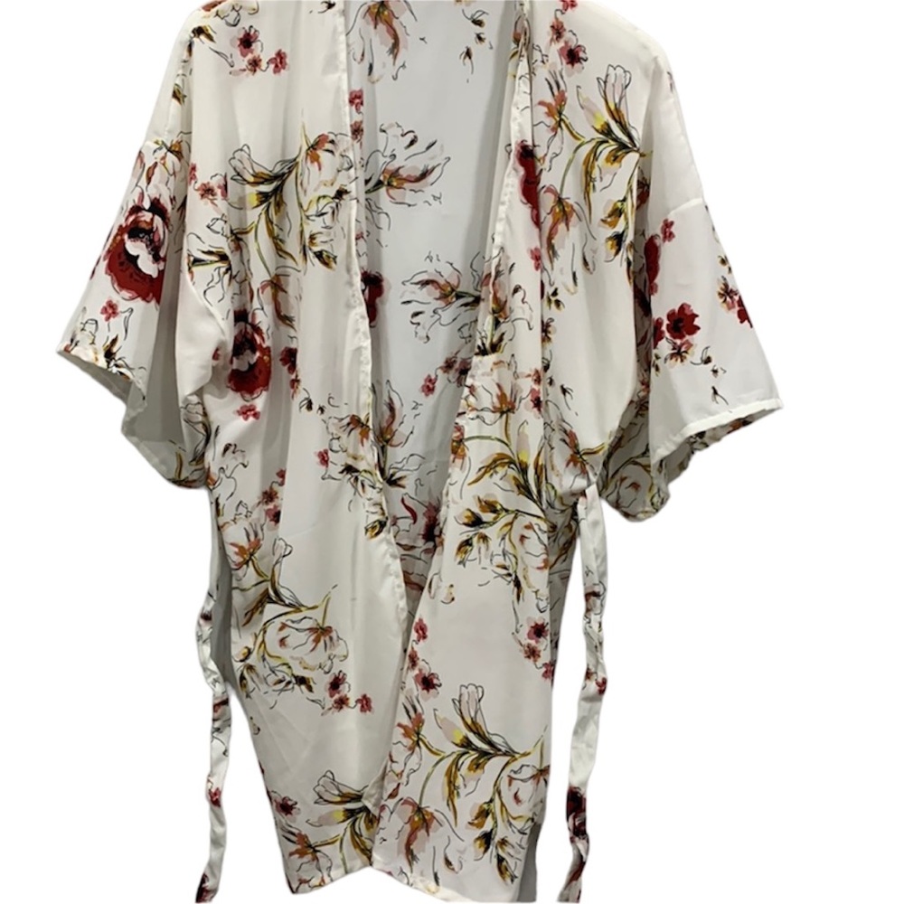 Floral White Satin Swimsuit Cover Up w Front Tie Robe One Size